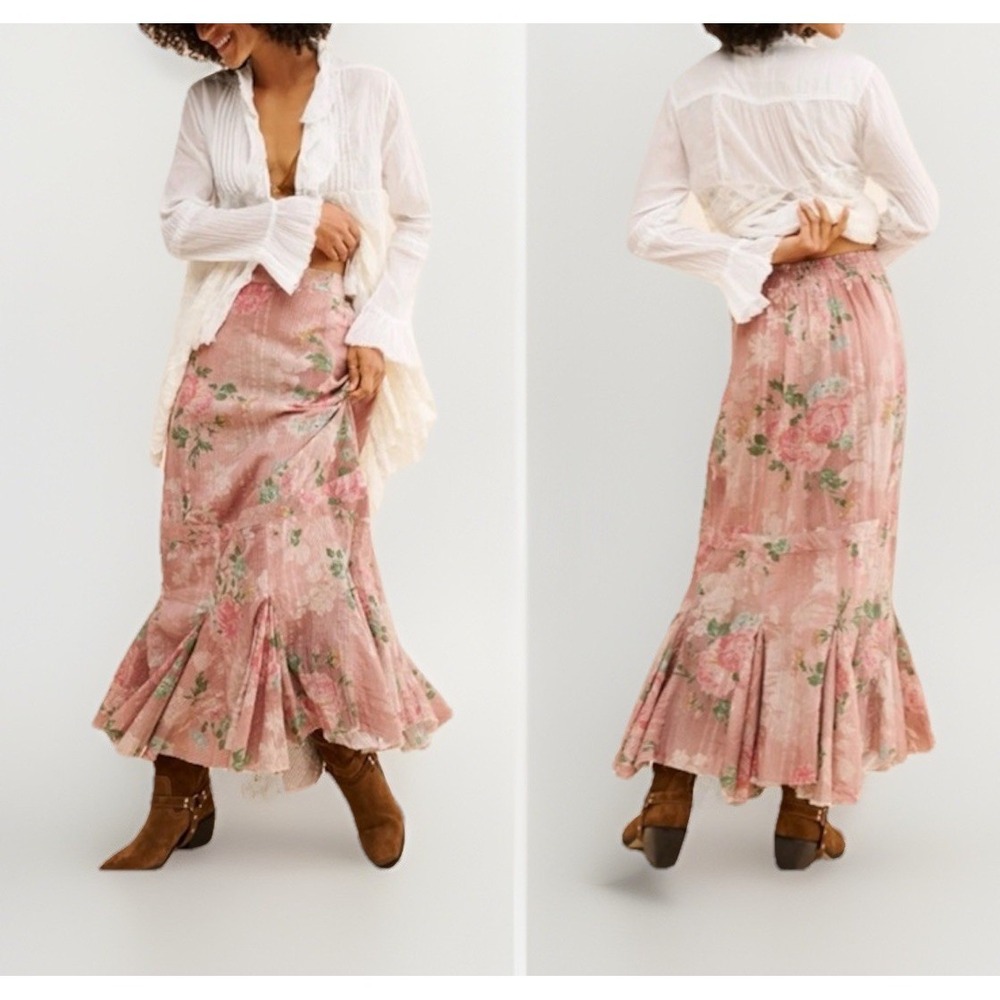 Free People Cotton SM Ethereal Bordeaux Cottage Floral Maxi Skirt Flowy Pockets